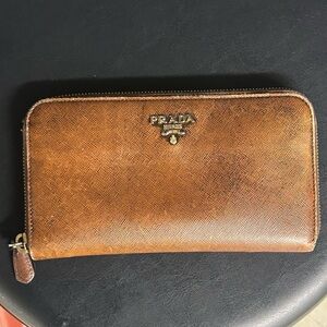 PRADA Safiano Leather Long Zipper Long Breast Wallet Purse Copper Brown See Pics